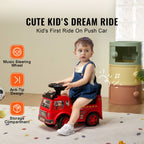 Child sitting on a red push car with features highlighted, in a room setting.