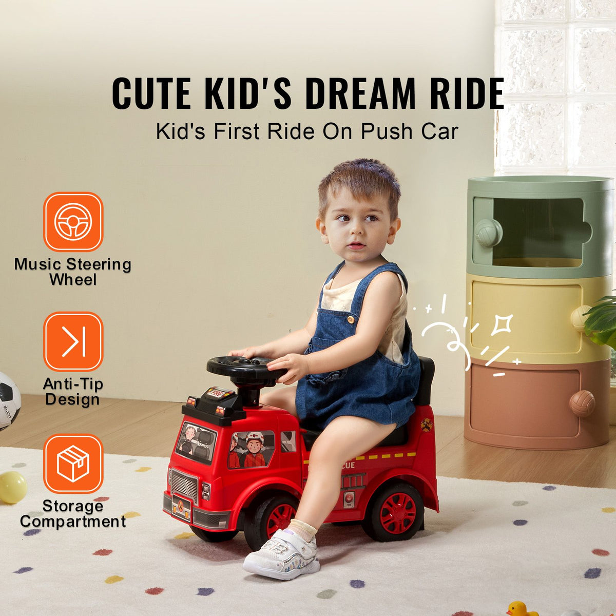 Child sitting on a red push car with features highlighted, in a room setting.