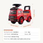 Red toy fire truck with dimensions and specifications on a white background