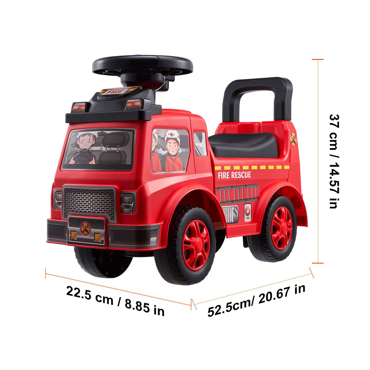 Red fire truck ride-on toy with black wheels, black seat, and dimension labels showing 22.5 cm / 8.