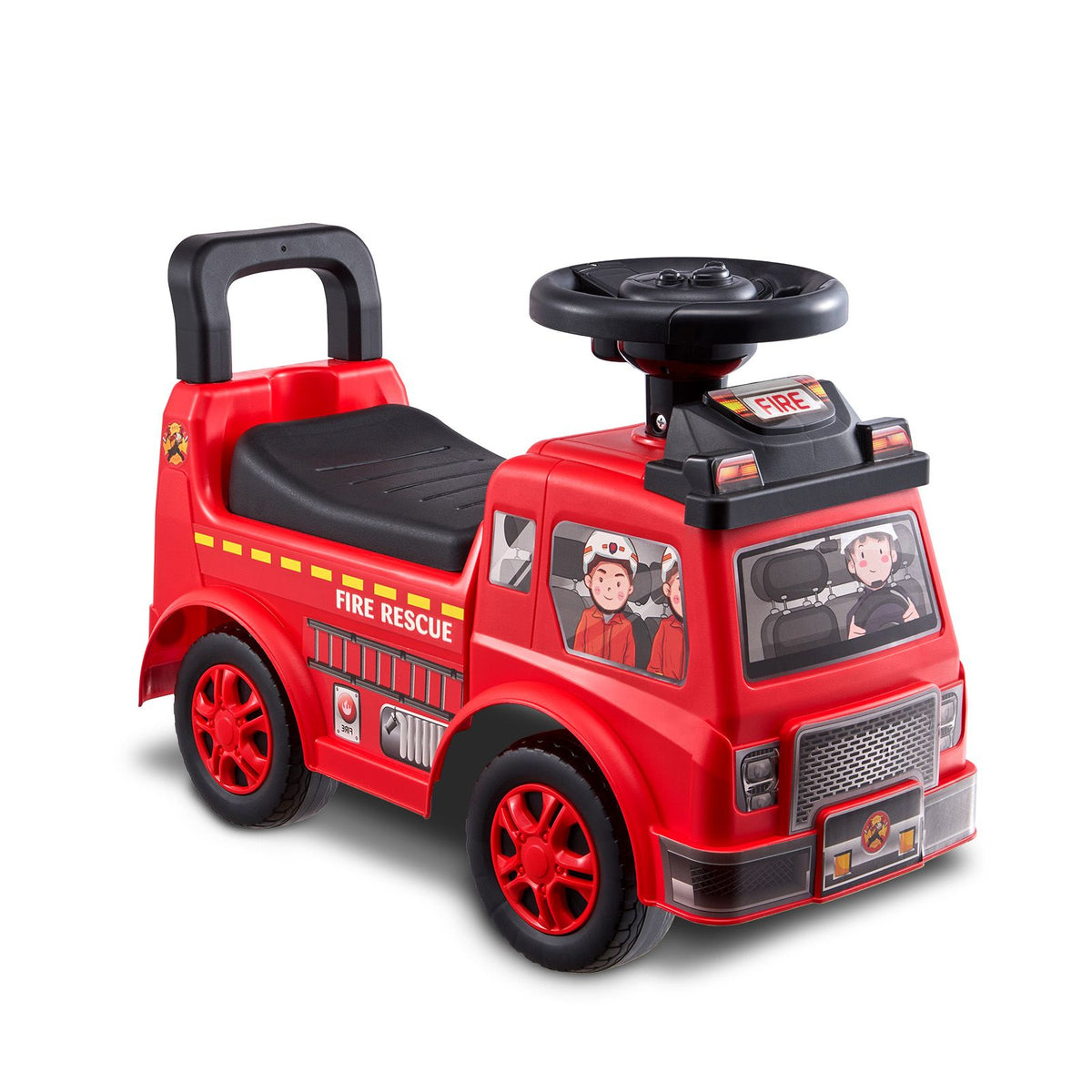 A red and black ride-on toy fire truck with a handle, seat, steering wheel, and printed firefighter window graphics, photographed on a clean white background.