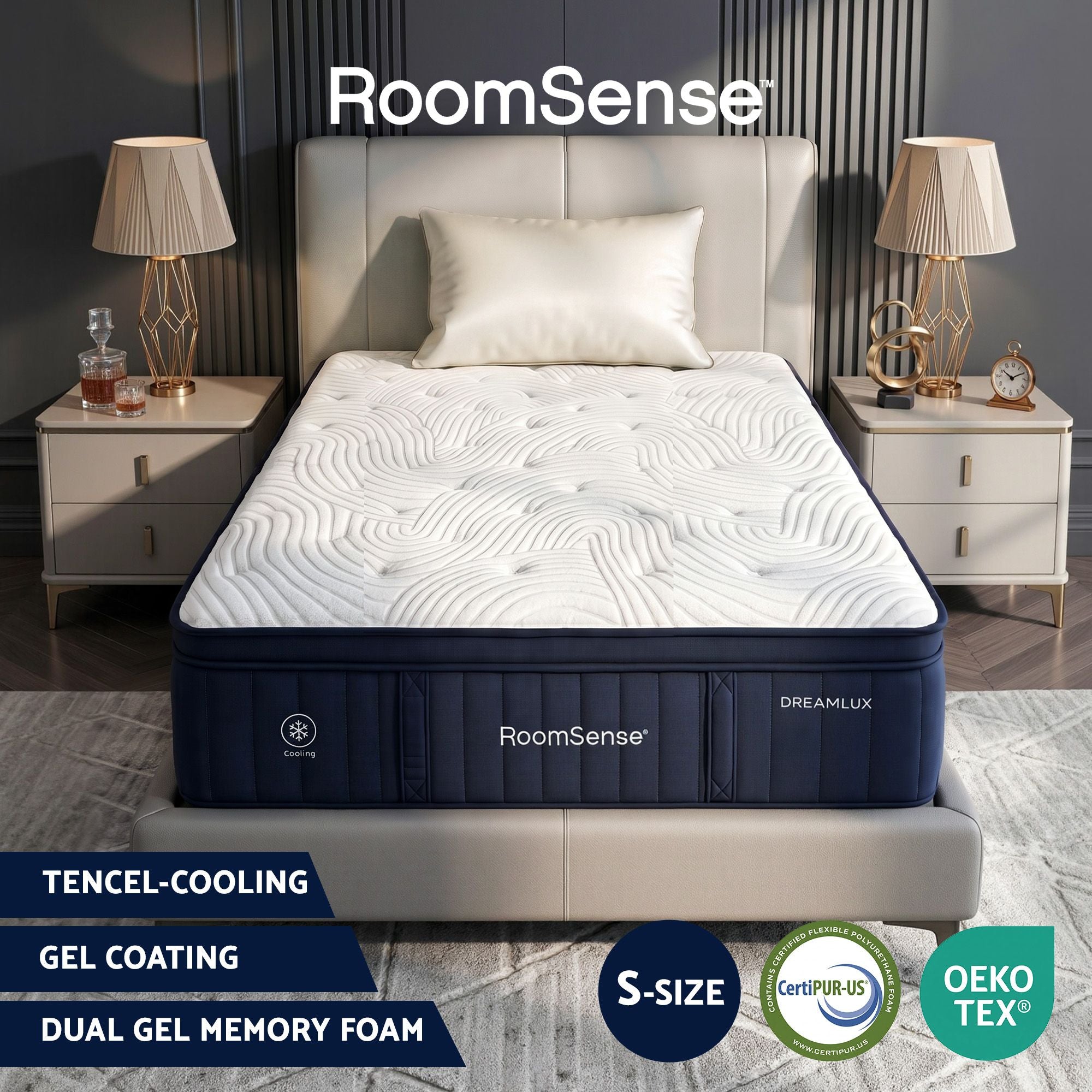RoomSense mattress on a bed with nightstands and lamps in a bedroom setting