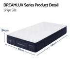 Dreamlux series single size mattress with dimensions on a white background
