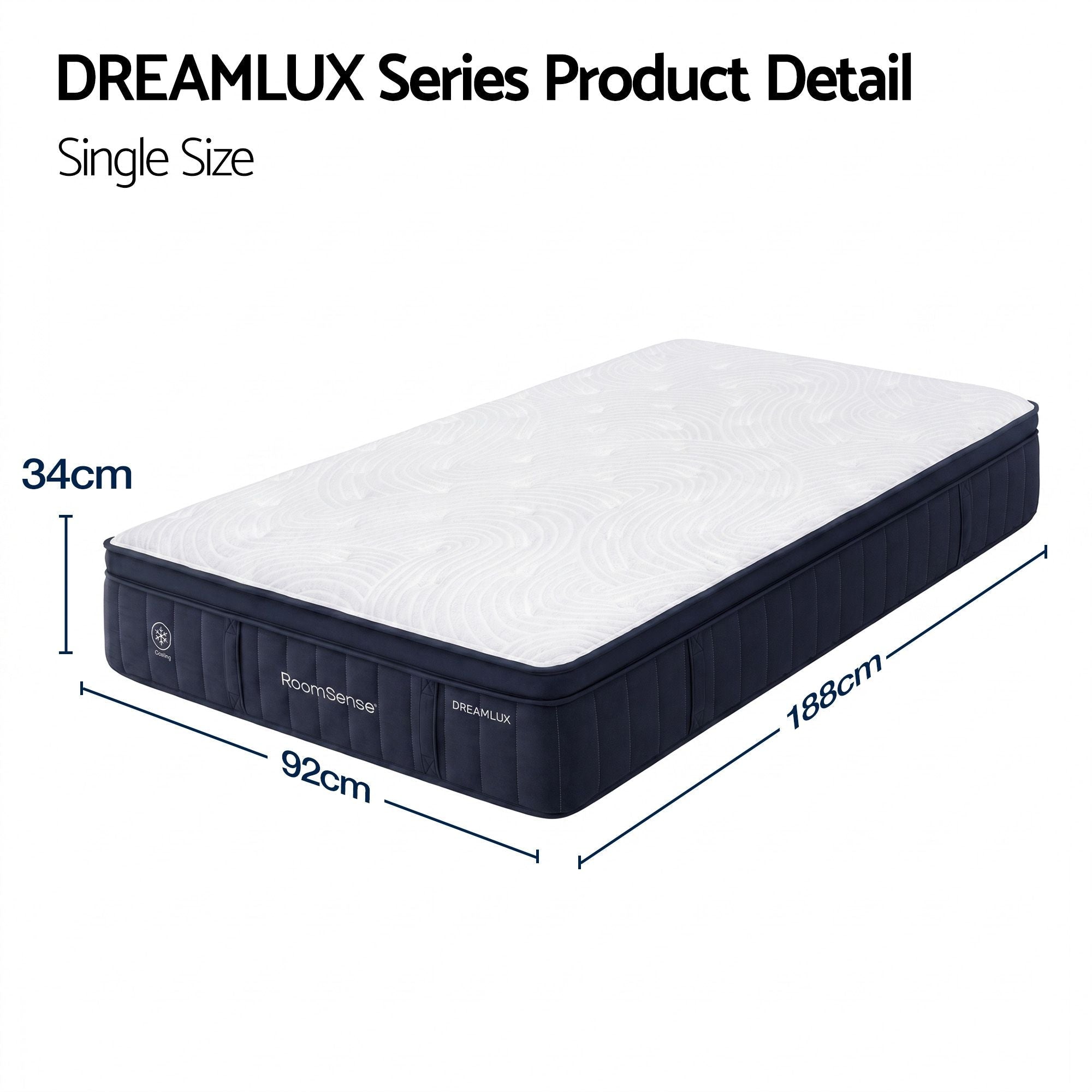 Dreamlux series single size mattress with dimensions on a white background