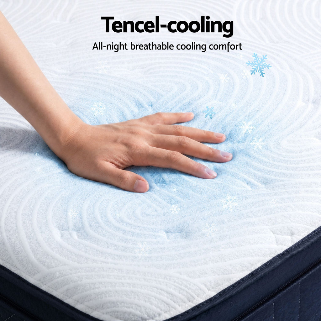 and touching a mattress with Tencel-cooling text indicating all-night breathable cooling comfort.
