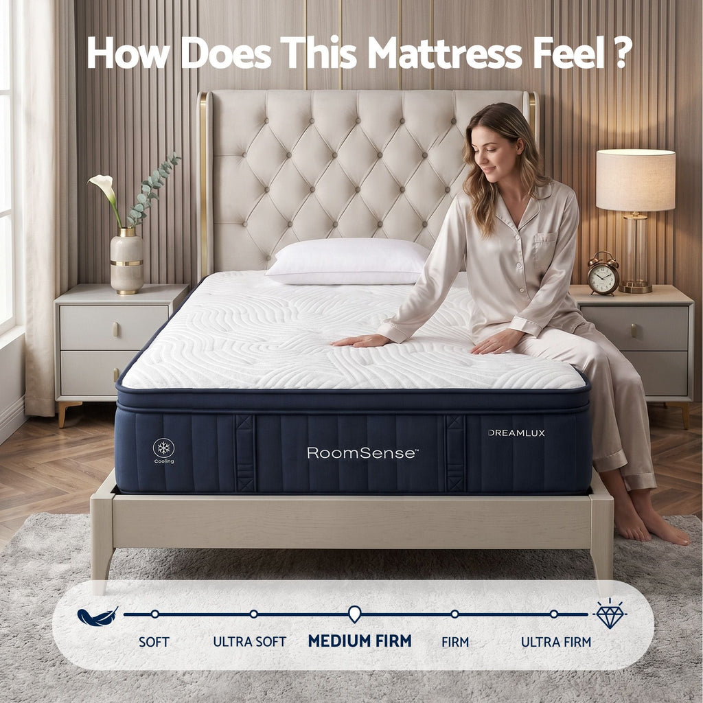Woman sitting on a mattress with 'Dreamlux' branding in a bedroom setting