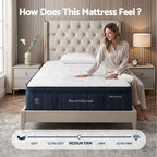 Woman sitting on a mattress with 'Dreamlux' branding in a bedroom setting