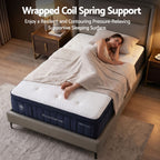 Woman lying on a mattress with 'Wrapped Coil Spring Support' text above