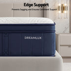 Dreamlux mattress with text highlighting edge support in a bedroom setting