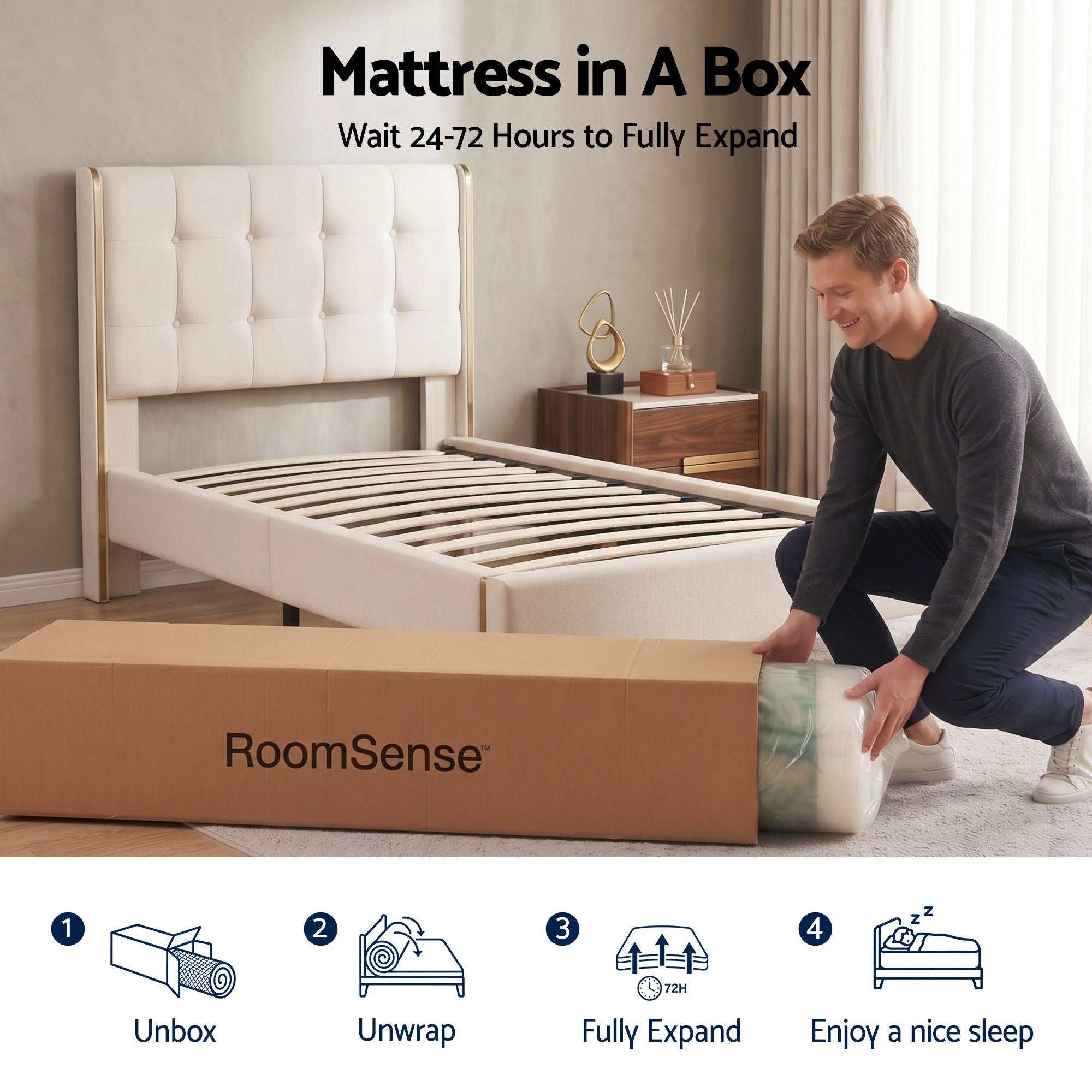 Person unpacking a mattress from a 'RoomSense' box in a bedroom setting.