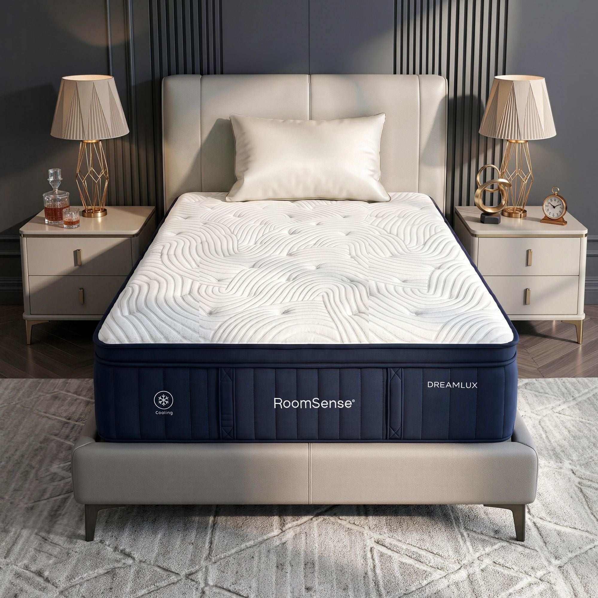 DreamLux mattress in a bedroom setting with nightstands and lamps.