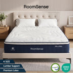 RoomSense Vellora mattress in a bedroom setting with 'CertiPUR-US' and 'OEKO-TEX' logos.