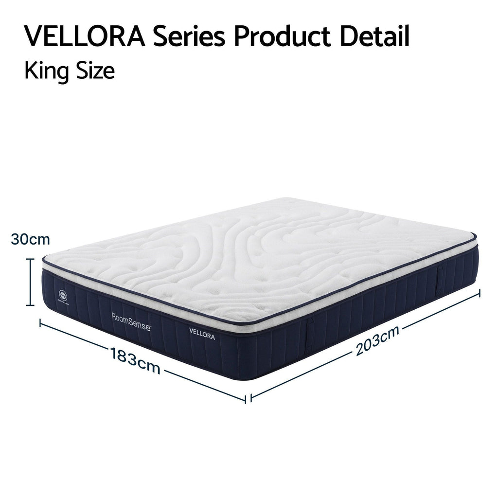 King size mattress with dimensions labeled, featuring the Vellora brand.