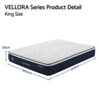 King size mattress with dimensions labeled, featuring the Vellora brand.