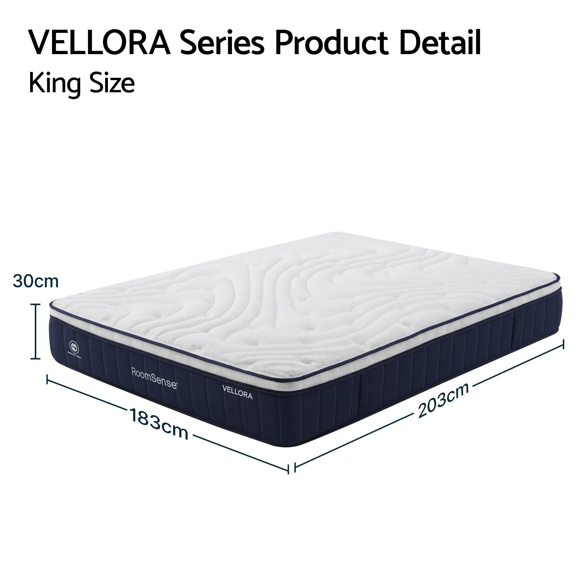 King size mattress with dimensions labeled, featuring the Vellora brand.