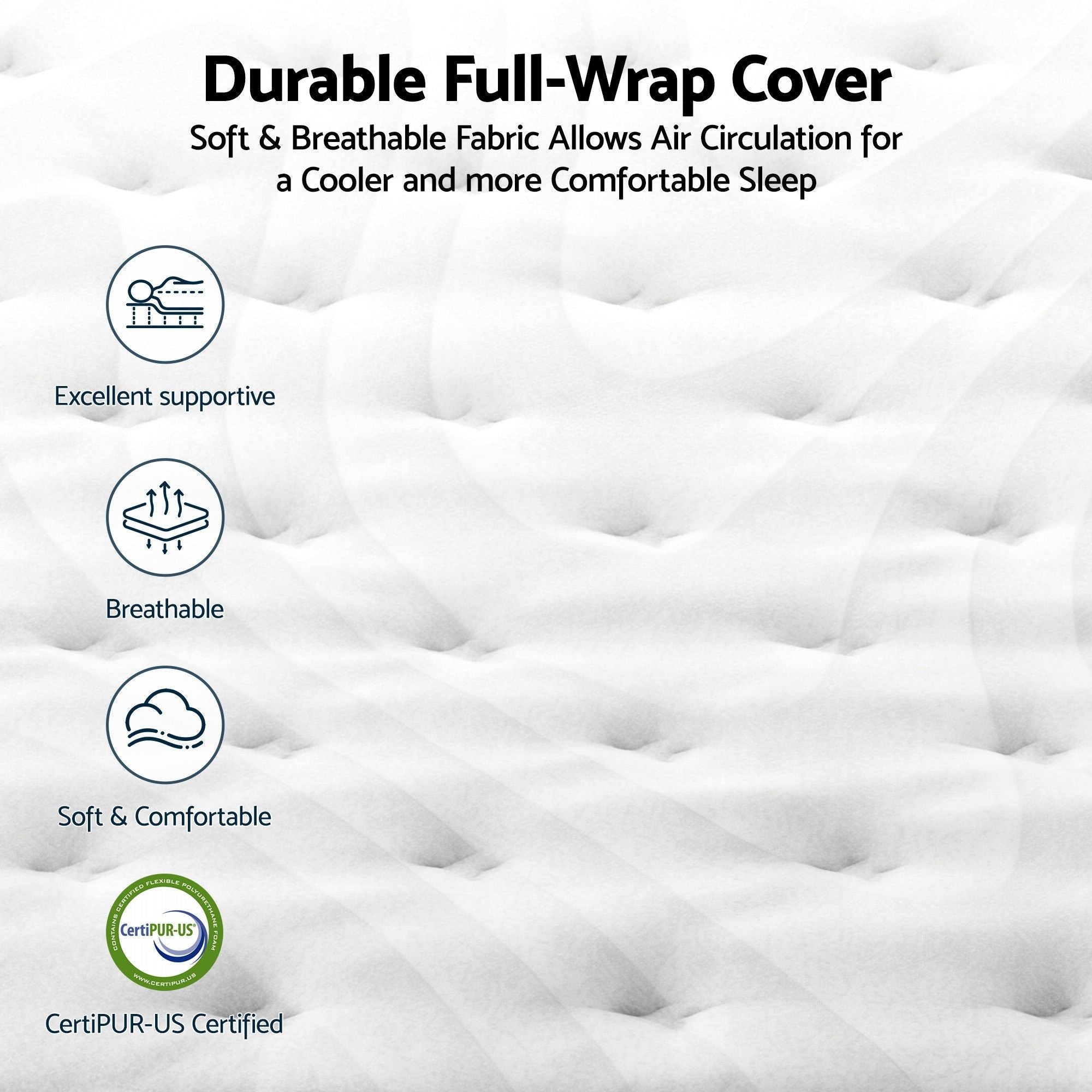Mattress with text highlighting features like durability, breathability, and CertiPUR-US certification.