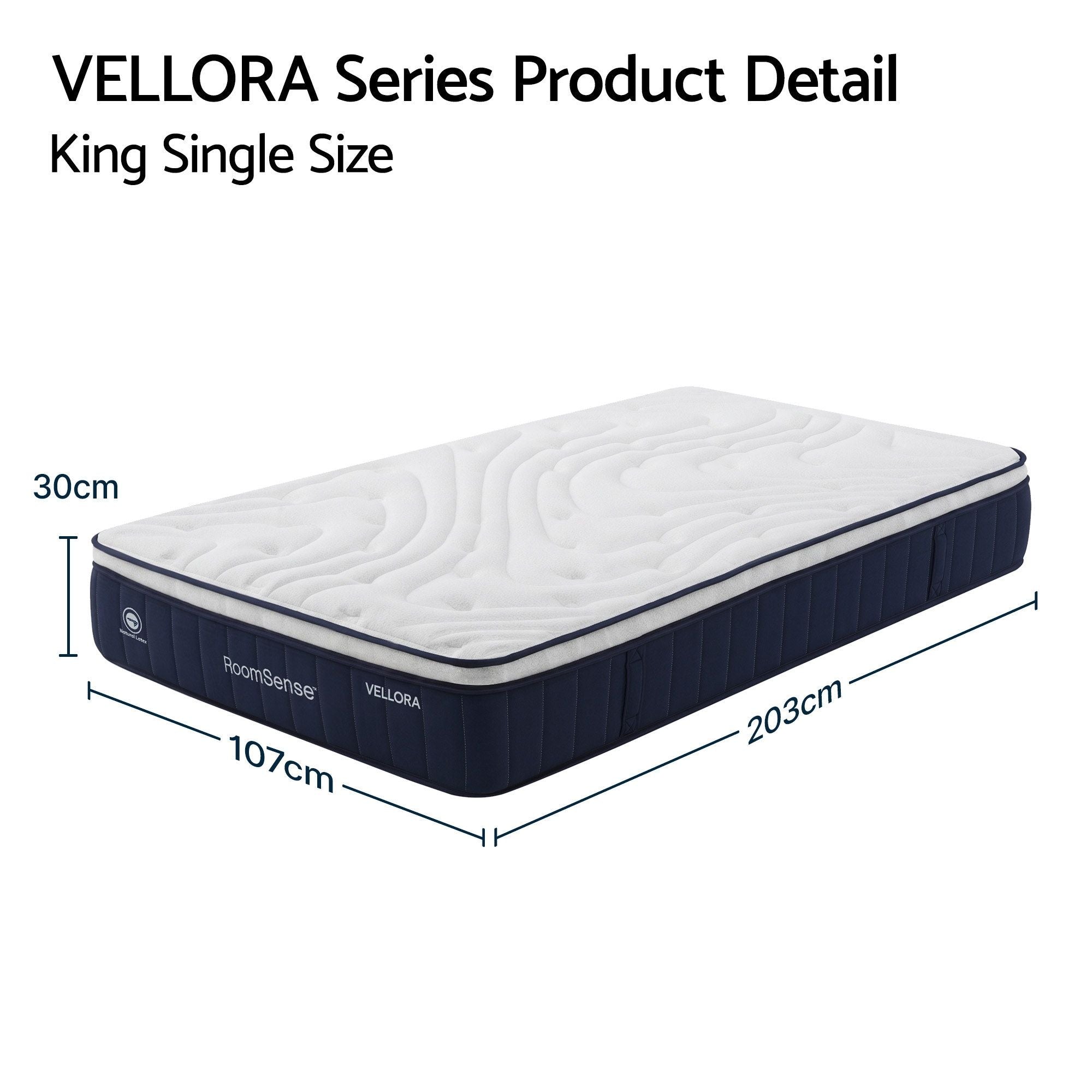 Vellora Series King Single size mattress with dimensions on a white background