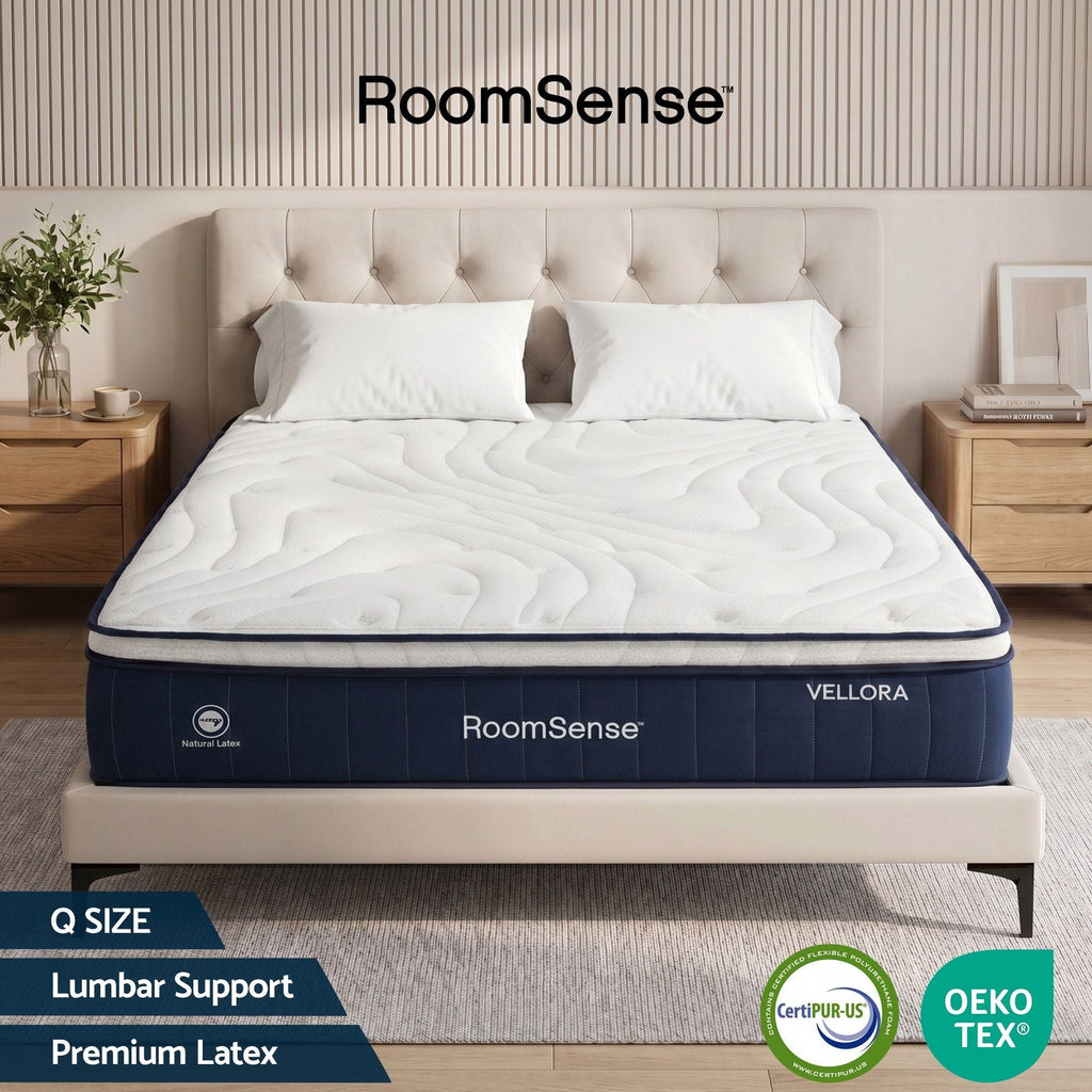 oomSense Vellora mattress in a bedroom setting with 'CertiPUR-US' and 'OEKO-TEX' logo