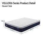 Queen size mattress with dimensions labeled, featuring the Vellora brand.
