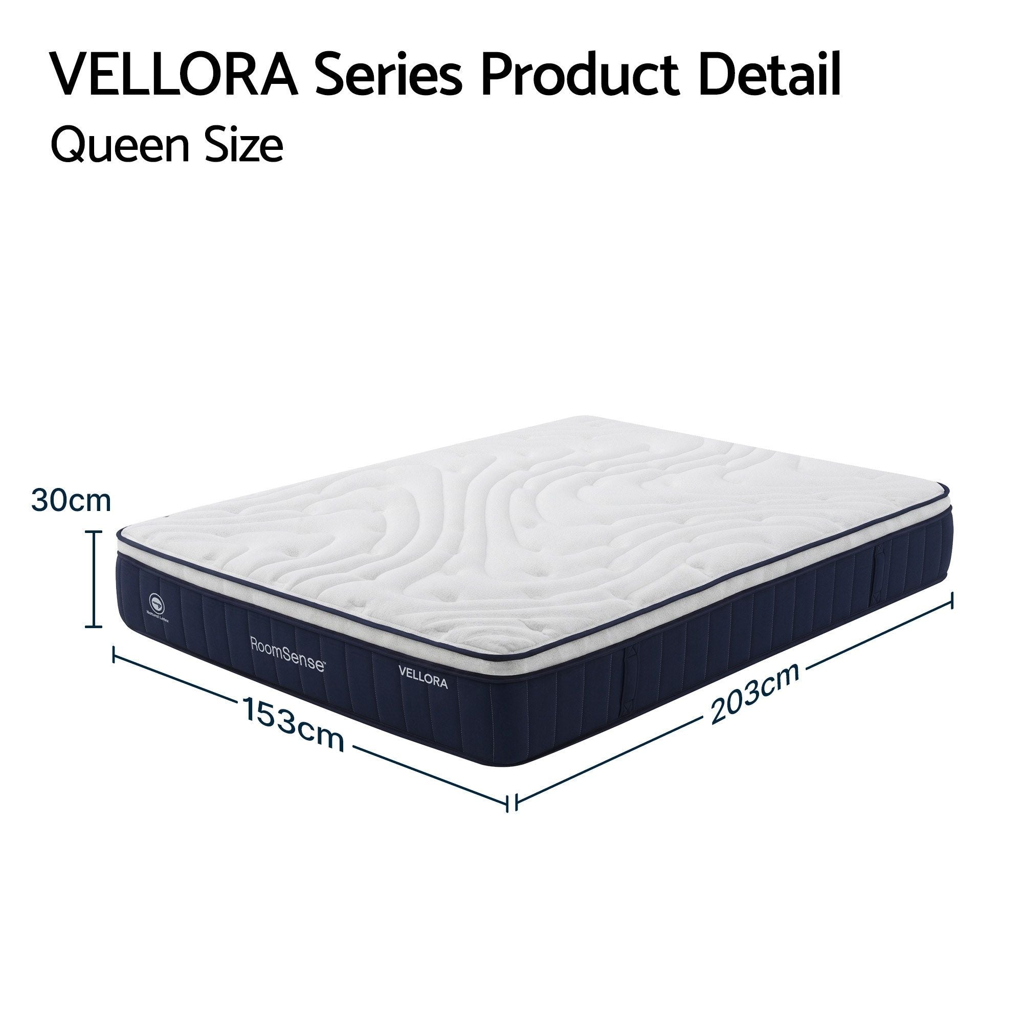 Queen size mattress with dimensions labeled, featuring the Vellora brand.