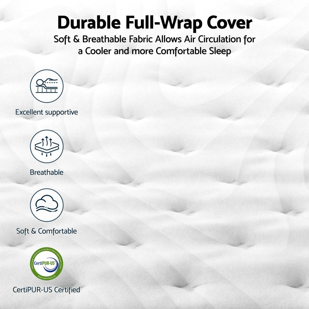 Mattress with text highlighting features like durability, breathability, and CertiPUR-US certification.
