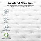 Mattress with text highlighting features like durability, breathability, and CertiPUR-US certification.