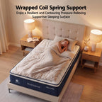 Woman sleeping on a Vellora mattress with 'Wrapped Coil Spring Support' text above.