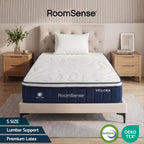 RoomSense Vellora mattress in a bedroom setting with 'CertiPUR-US' and 'OEKO-TEX' logos.