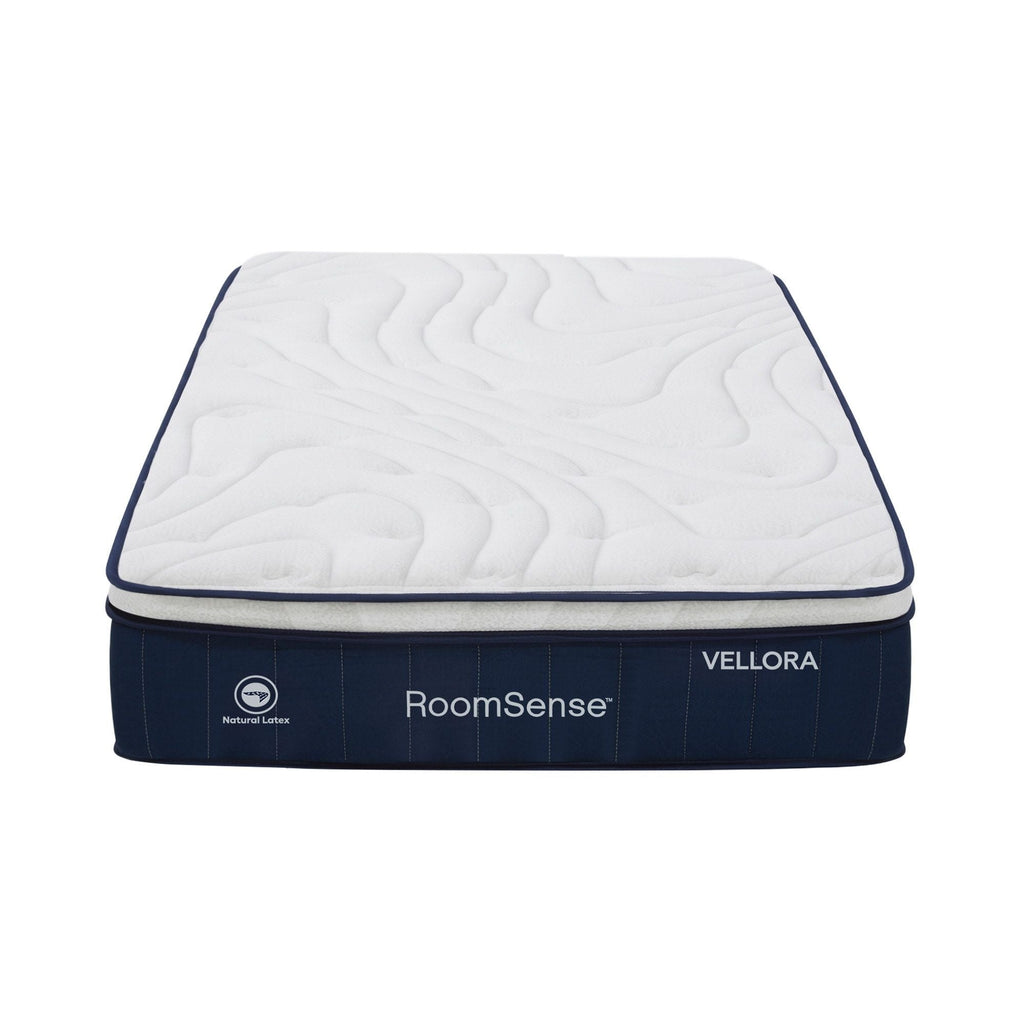 Mattress with 'Vellora' and 'RoomSense' branding on a white background