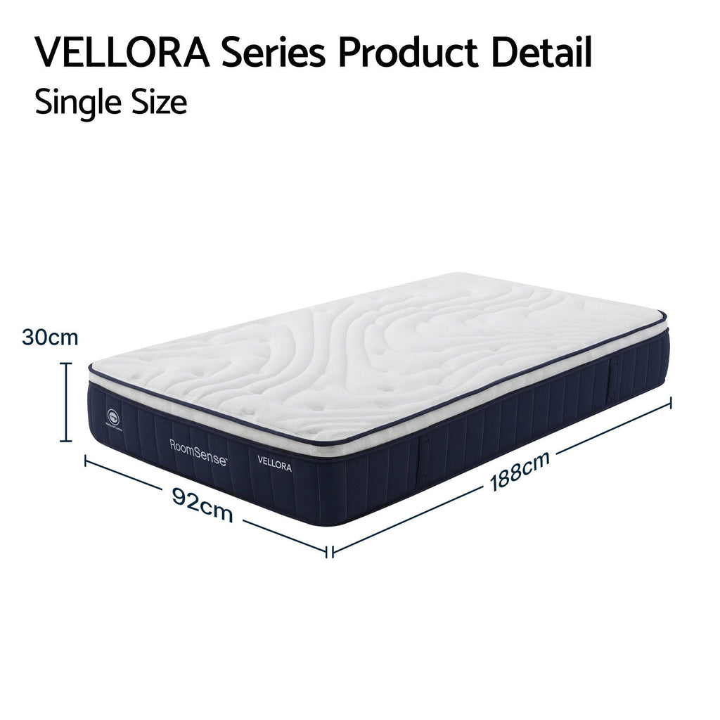 Vellora Series single size mattress with dimensions on a white background