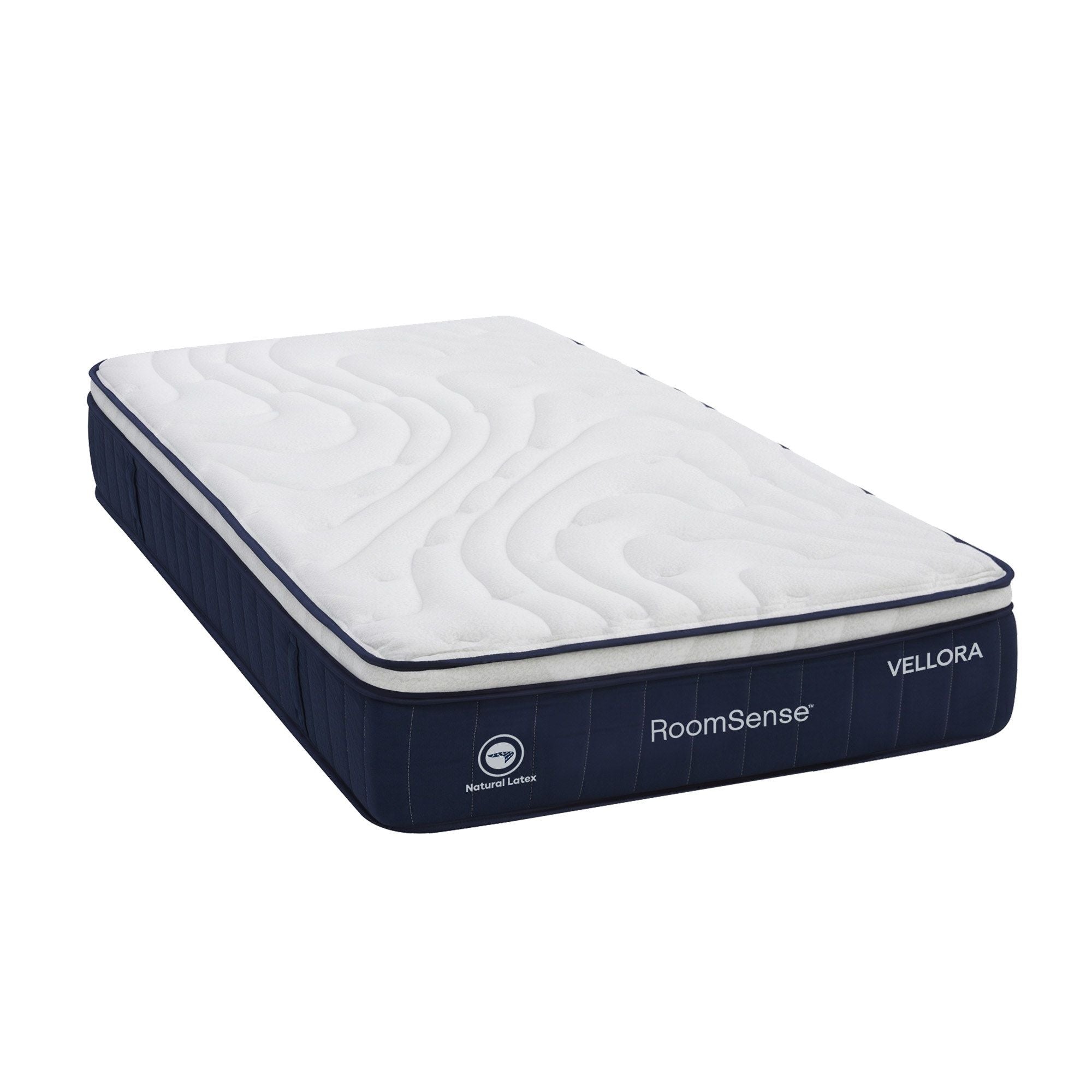 Mattress with 'RoomSense' and 'Vellora' branding on a white background