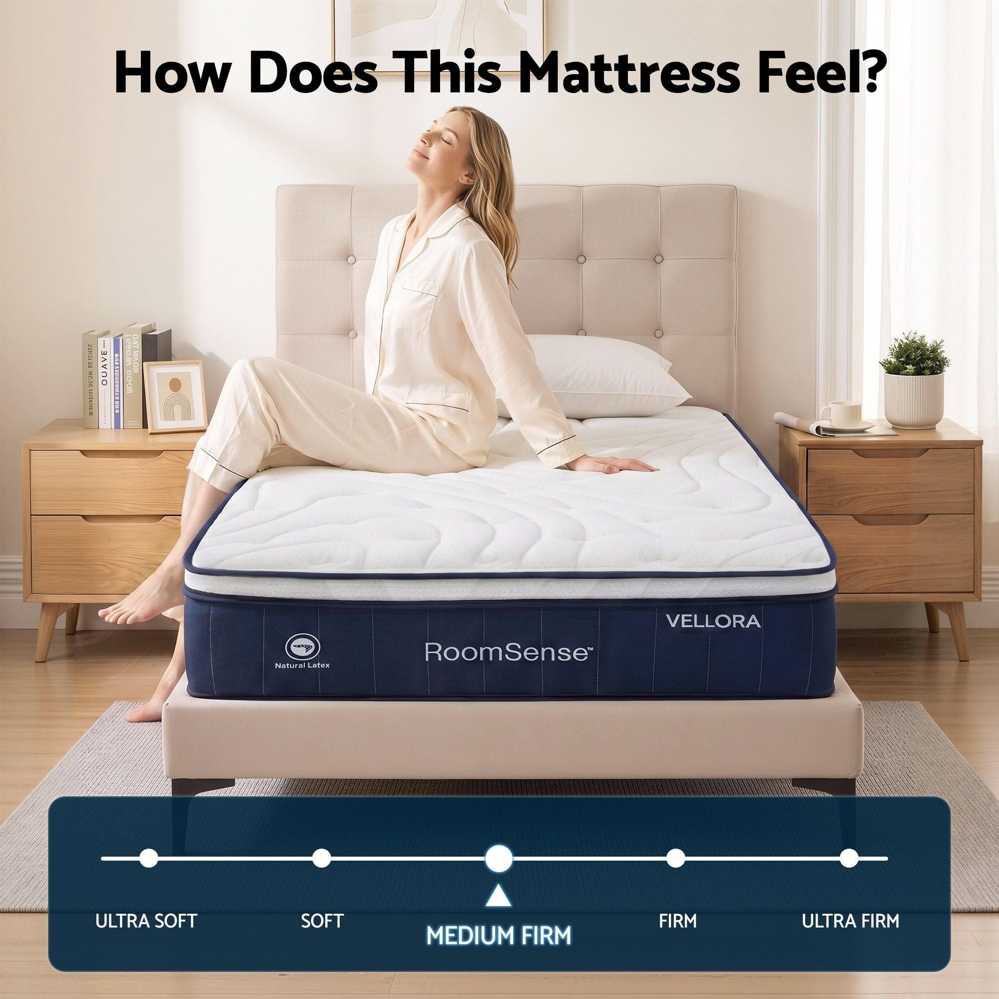 Woman sitting on a Vellora mattress in a bedroom setting with a scale indicating mattress firmness.
