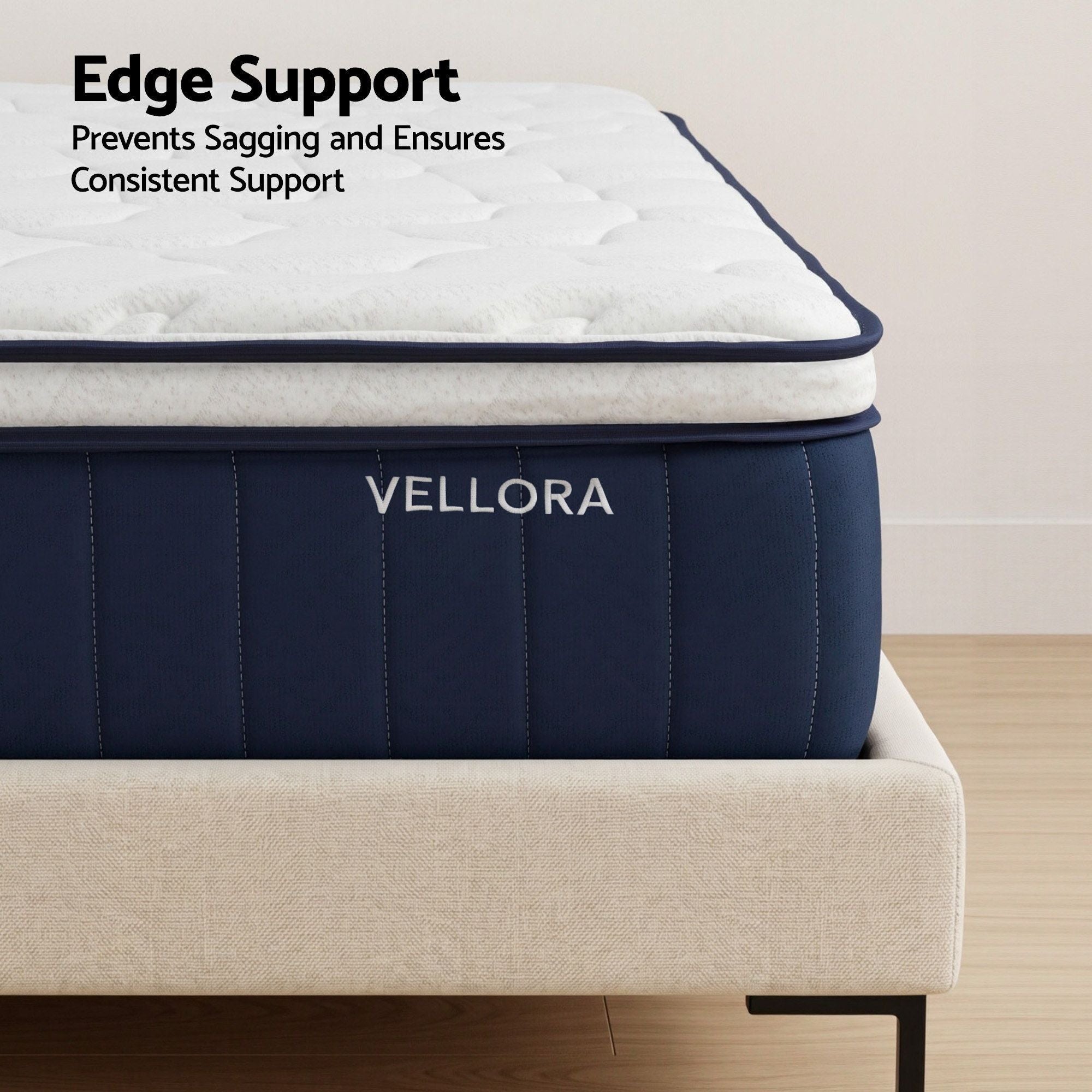 Vellora mattress with text about edge support on a neutral backgroun
