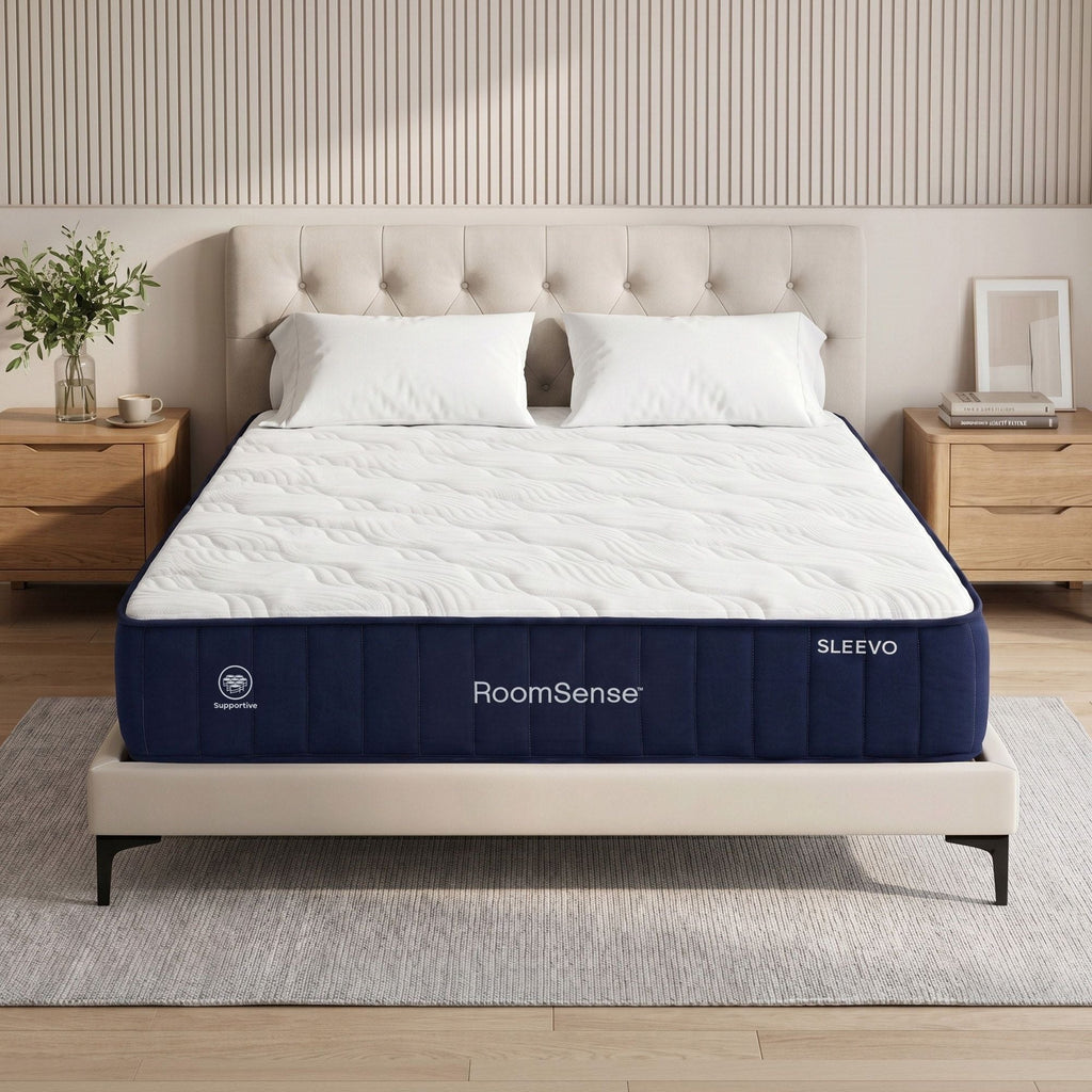 Mattress on a bed with 'RoomSense' branding in a bedroom setting