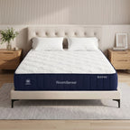 Mattress on a bed with 'RoomSense' branding in a bedroom setting
