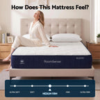Woman sitting on a mattress labeled 'RoomSense' in a bedroom setting.