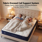 wo people lying on a mattress with a fabric-encased coil support system, in a bedroom setting.