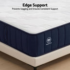 Navy blue mattress with white top on a wooden floor, featuring 'Supportive' branding.
