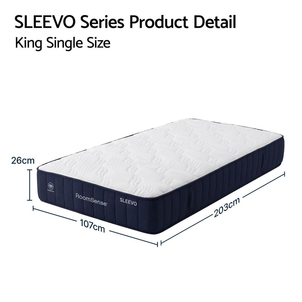 King Single size mattress with dimensions labeled, featuring 'RoomSense SLEEVO' branding.