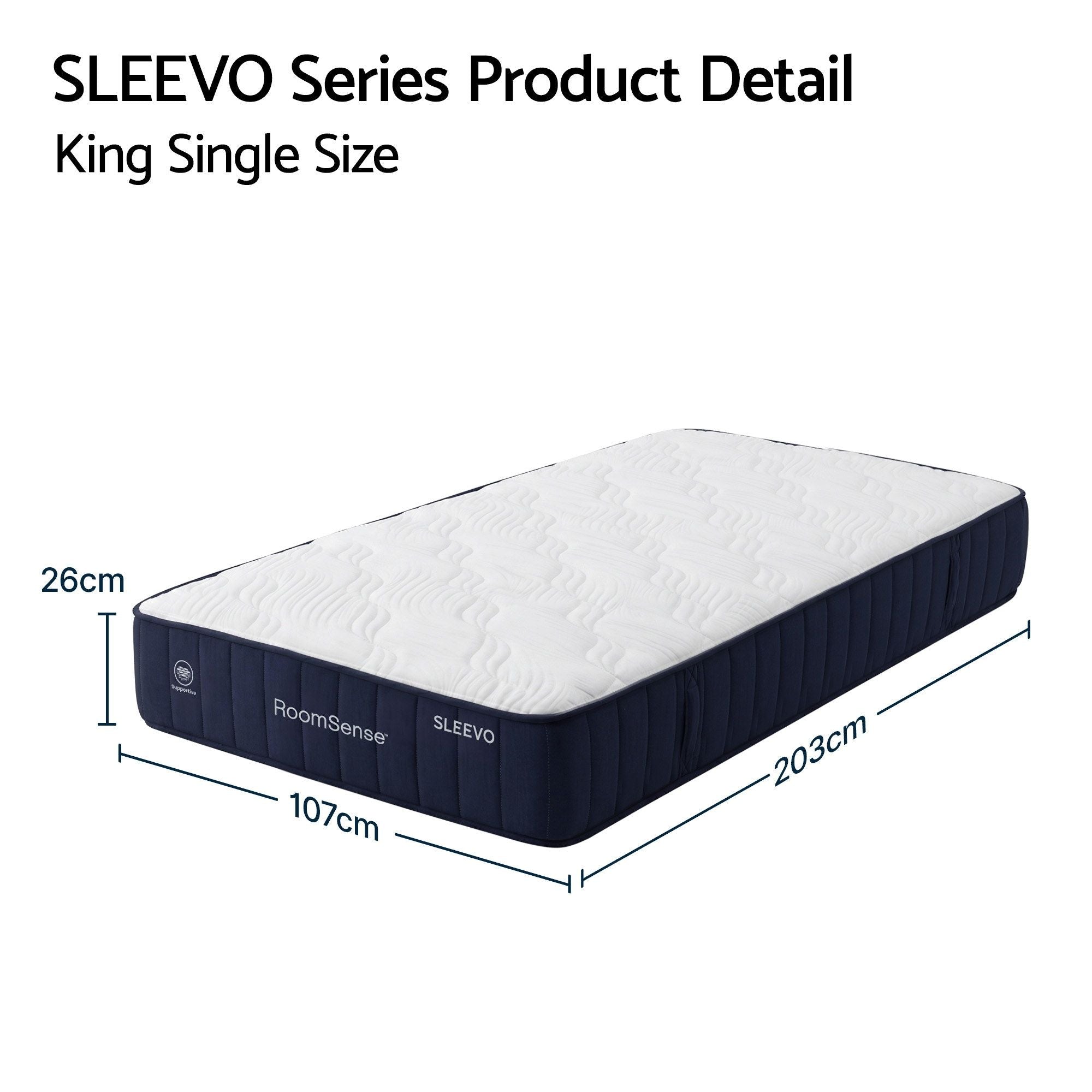 King Single size mattress with dimensions labeled, featuring 'RoomSense SLEEVO' branding.