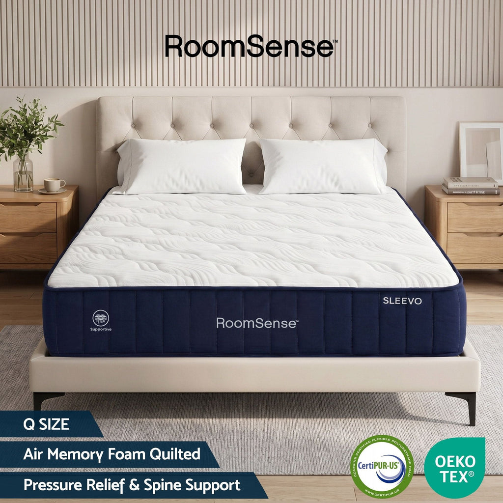 RoomSense mattress on a bed in a bedroom setting with 'RoomSense' branding.