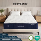 RoomSense mattress on a bed in a bedroom setting with 'RoomSense' branding.