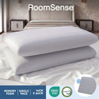 Two memory foam pillows on a bed with 'RoomSense' branding.