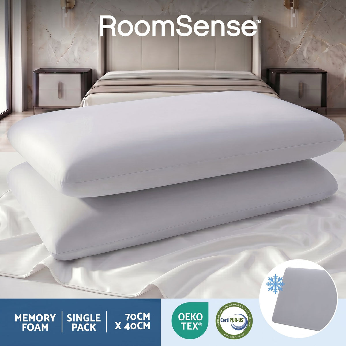 Two memory foam pillows on a bed with 'RoomSense' branding.