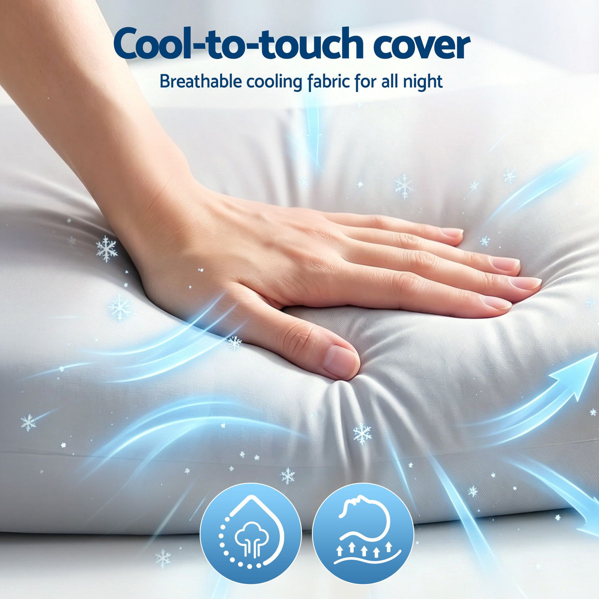 Hand touching a cool-to-touch cover with text about breathable cooling fabric.