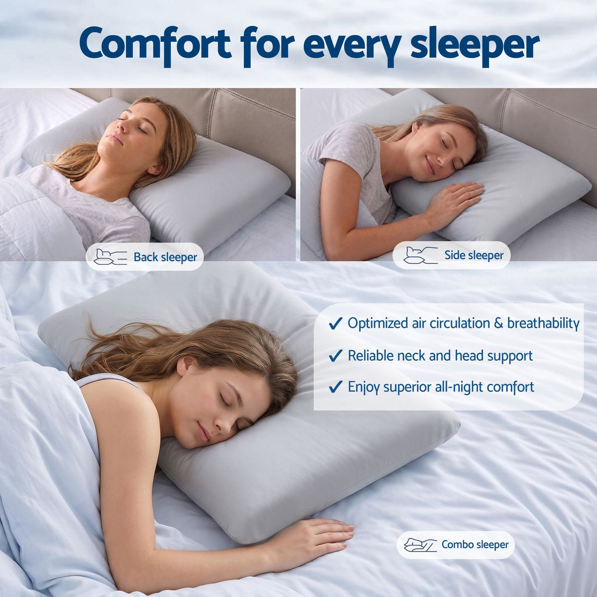 Three people sleeping on pillows with text highlighting comfort features and sleep positions.