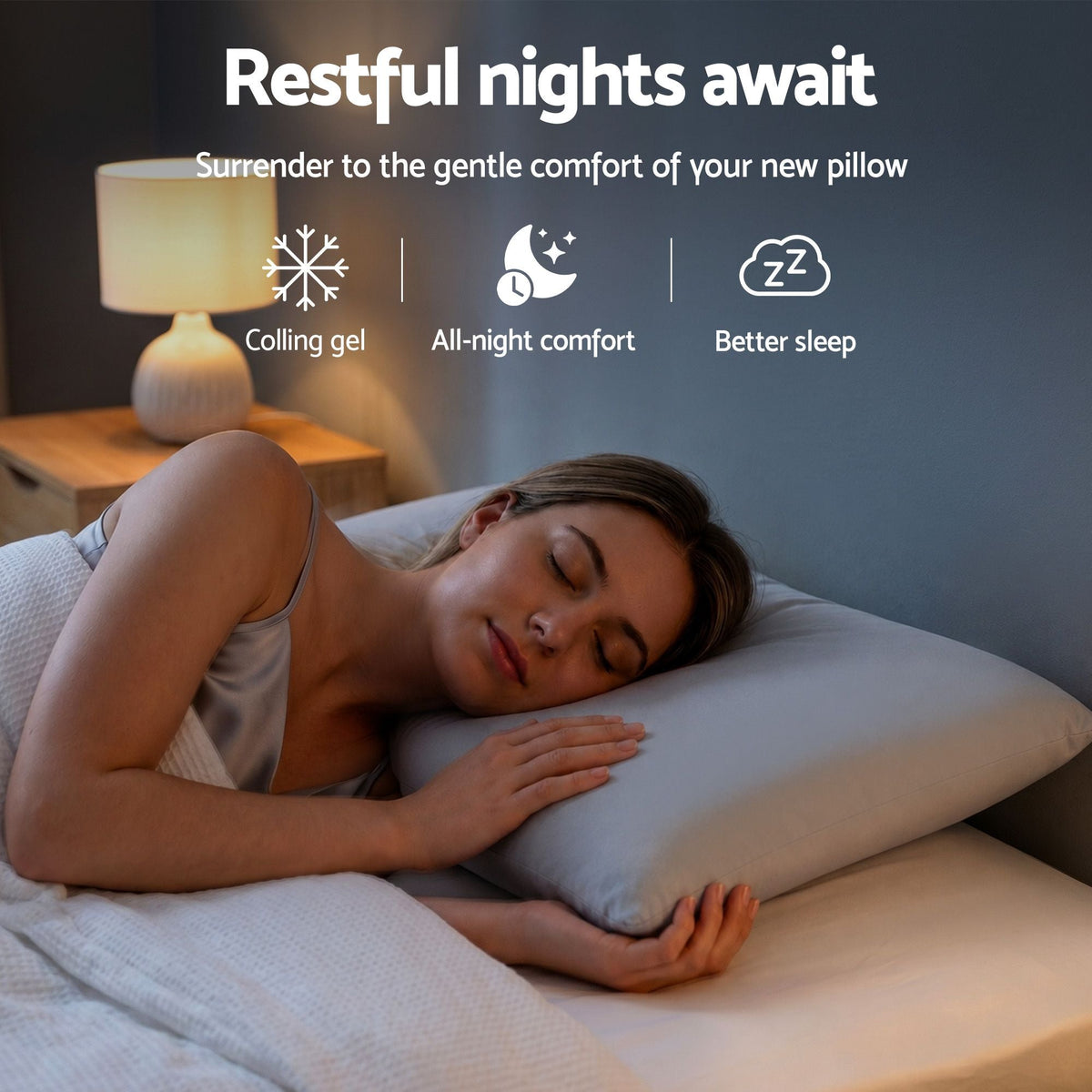 Woman sleeping on a pillow with text about restful nights and product benefits.