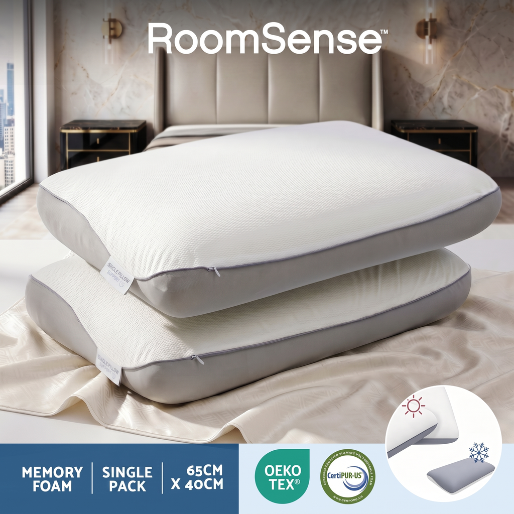 Two memory foam pillows stacked on a bed with 'RoomSense' branding.