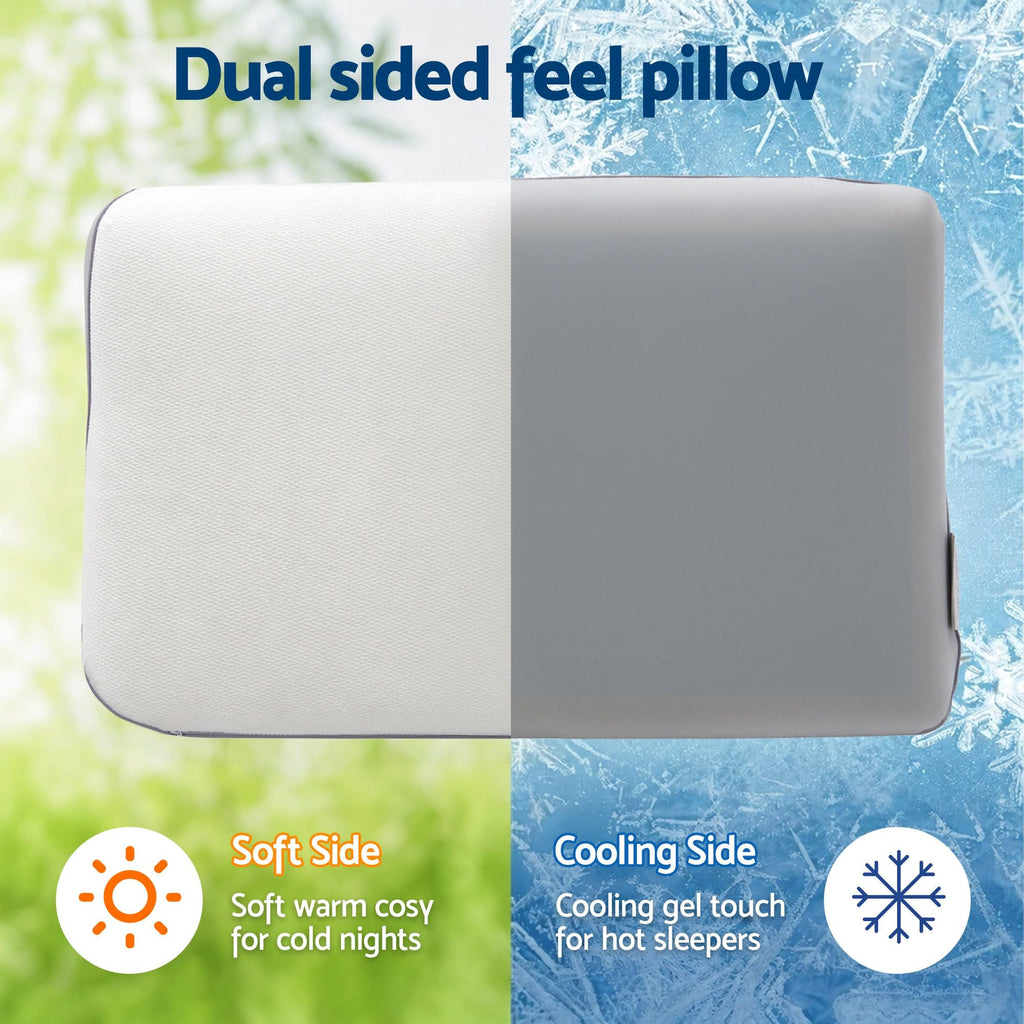 Dual-sided pillow with soft and cooling sides on a green and blue gradient background