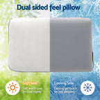 Dual-sided pillow with soft and cooling sides on a green and blue gradient background